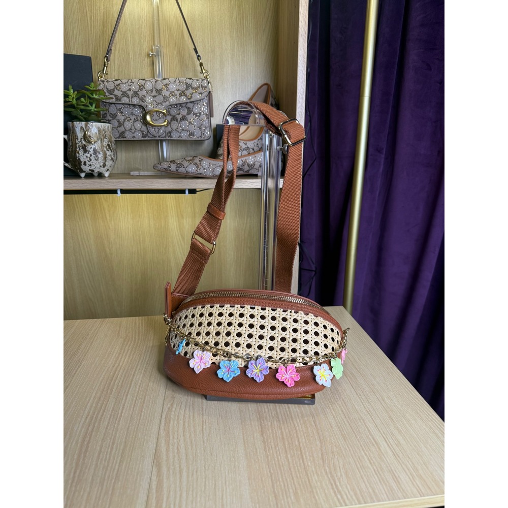 Universal Thread Brown Woven Straw Crossbody Bag with Floral Charms Mixed Media